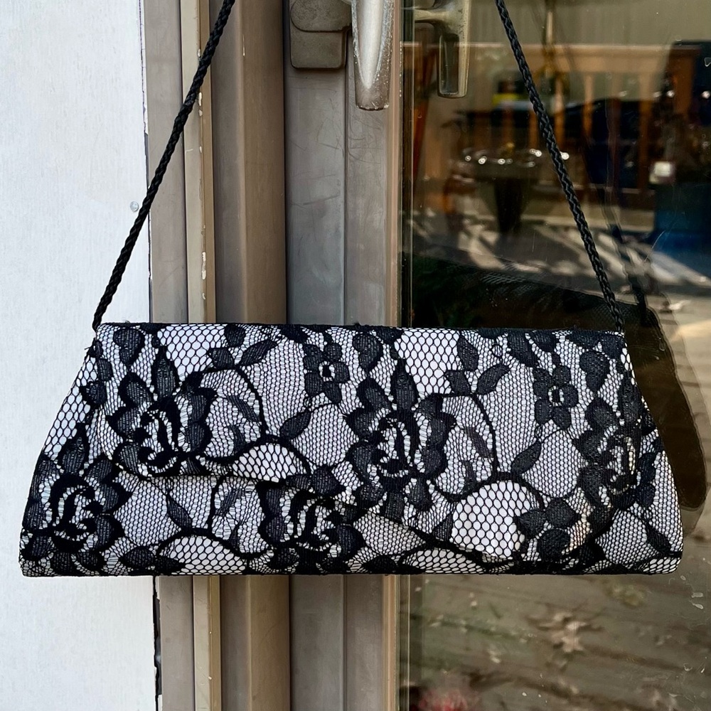 Jessica McClintock silver satin and black lace Gunne Sax bag